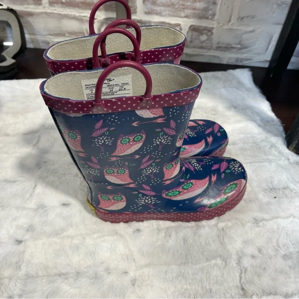 Western Chief Kids Owl Print Rain Boots - Pink and Navy youth size 3